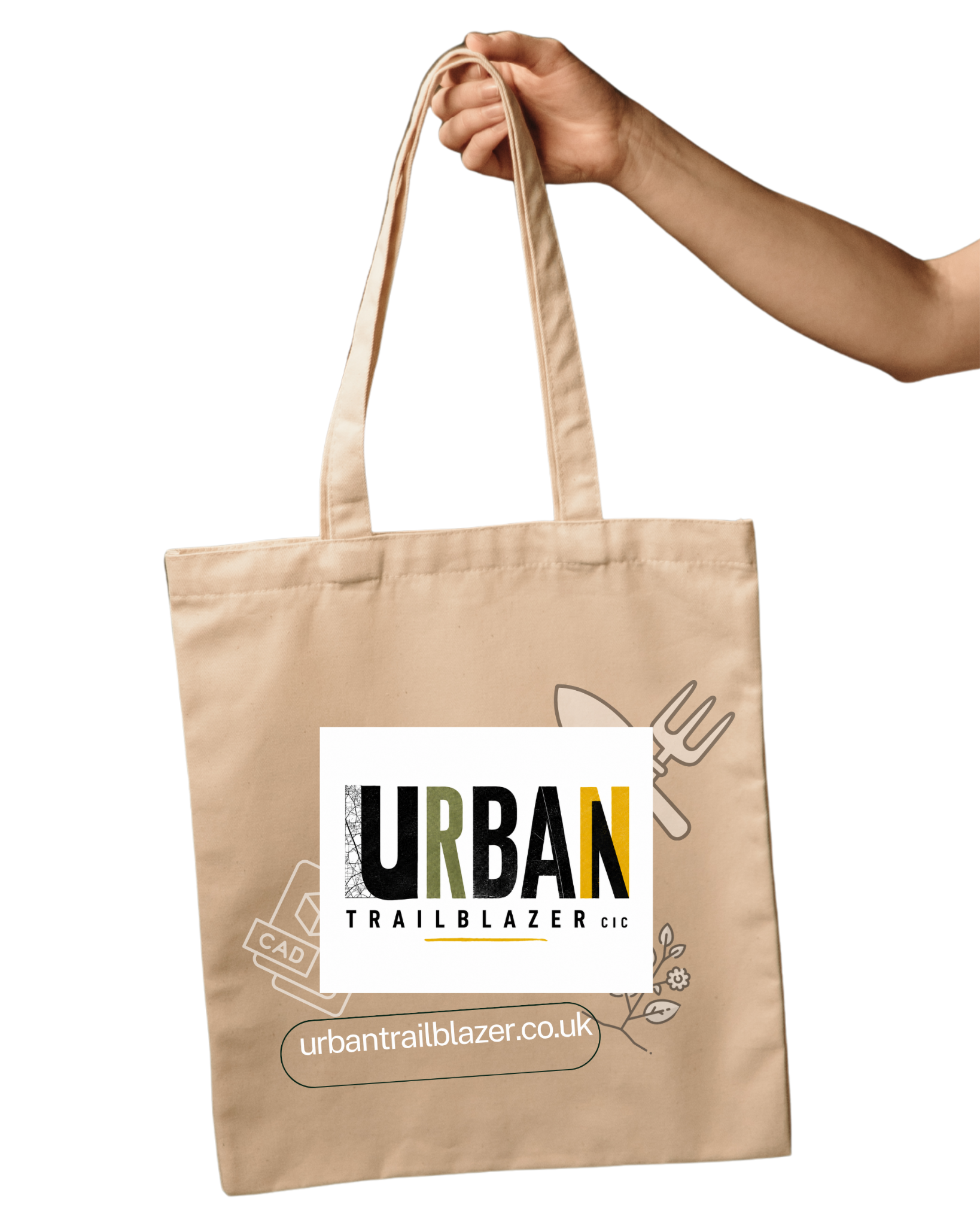 Urban Trailblazer branding and gardening illustrations displayed on a cream tote bag